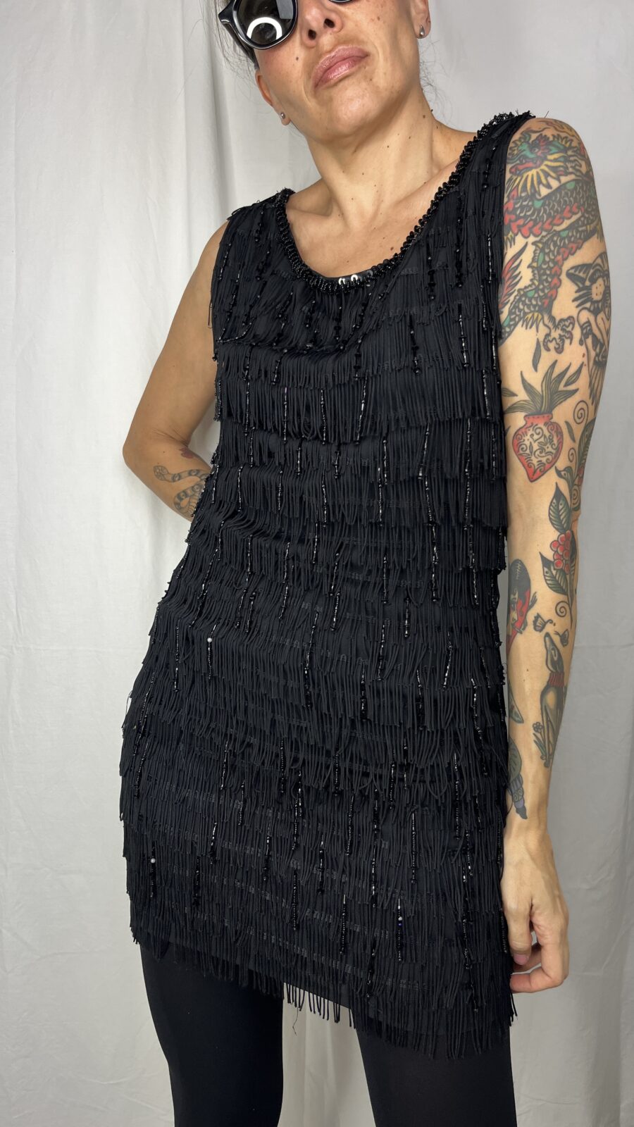 Vestido Vintage Negro con Flecos y Lentejuelas Años 90