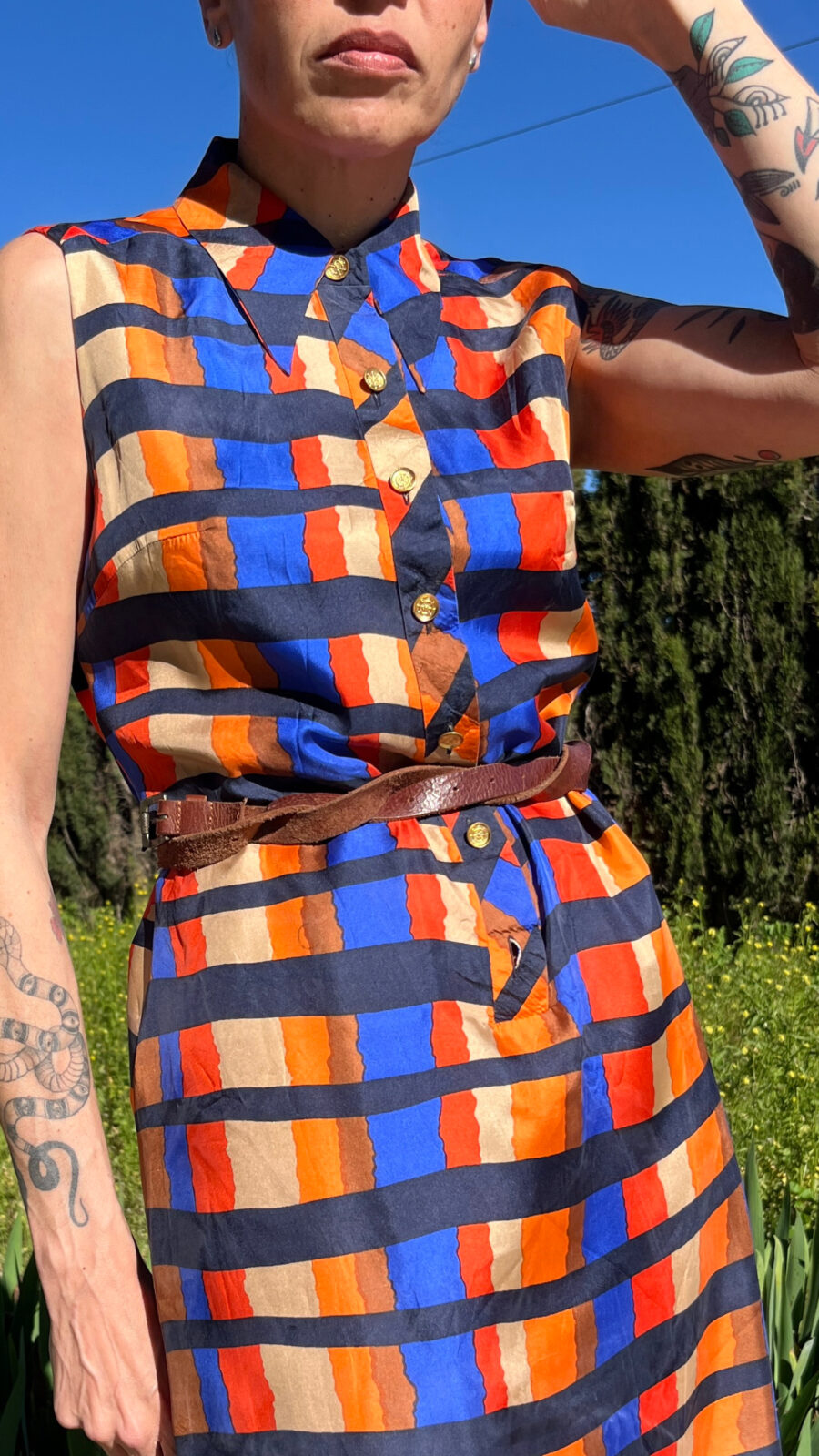 Vestido Vintage de Seda Años 80 con Estampado Geométrico Multicolor - Imagen 4