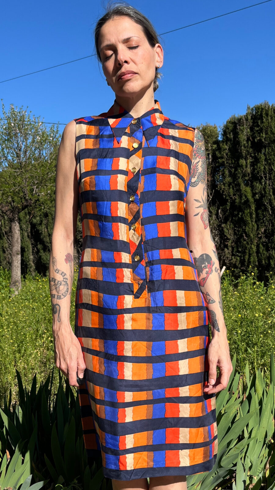Vestido Vintage de Seda Años 80 con Estampado Geométrico Multicolor