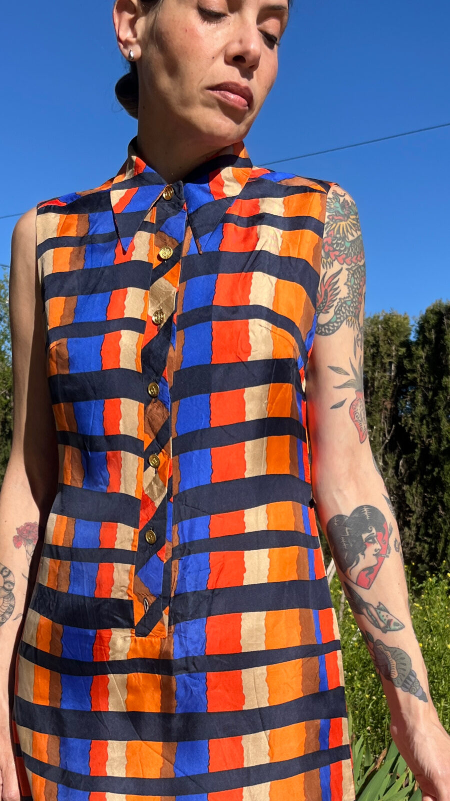Vestido Vintage de Seda Años 80 con Estampado Geométrico Multicolor - Imagen 13