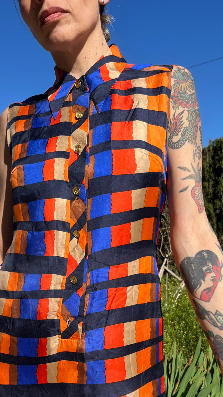 Vestido Vintage de Seda Años 80 con Estampado Geométrico Multicolor - Imagen 9