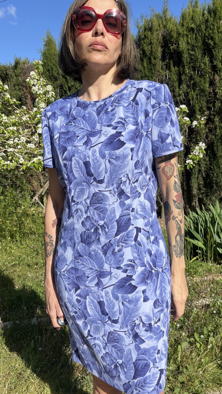 Vestido Vintage Años 80 de El Corte Inglés con Estampado Botánico en Tonos Azulados