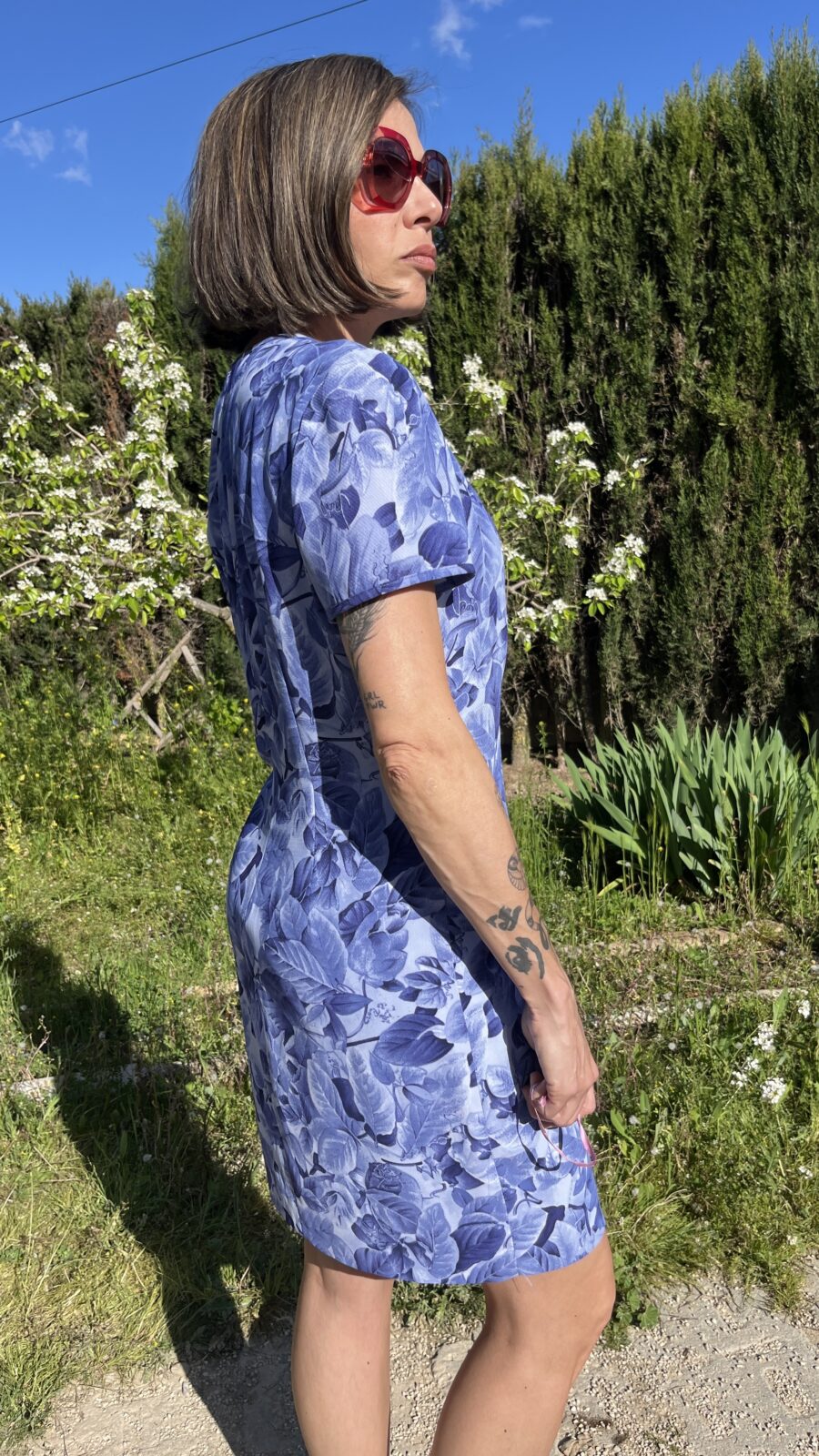 Vestido Vintage Años 80 de El Corte Inglés con Estampado Botánico en Tonos Azulados - Imagen 4