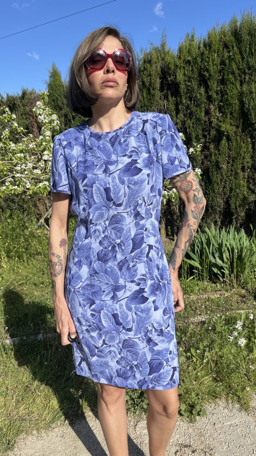 Vestido Vintage Años 80 de El Corte Inglés con Estampado Botánico en Tonos Azulados - Imagen 3