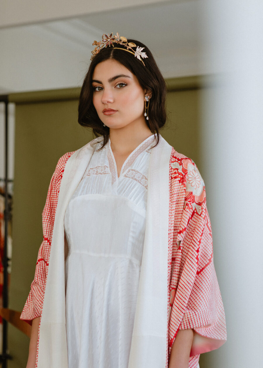 Kimono Japonés Vintage "Hanae" – Micro Shibori con Hilo de Oro - Imagen 10
