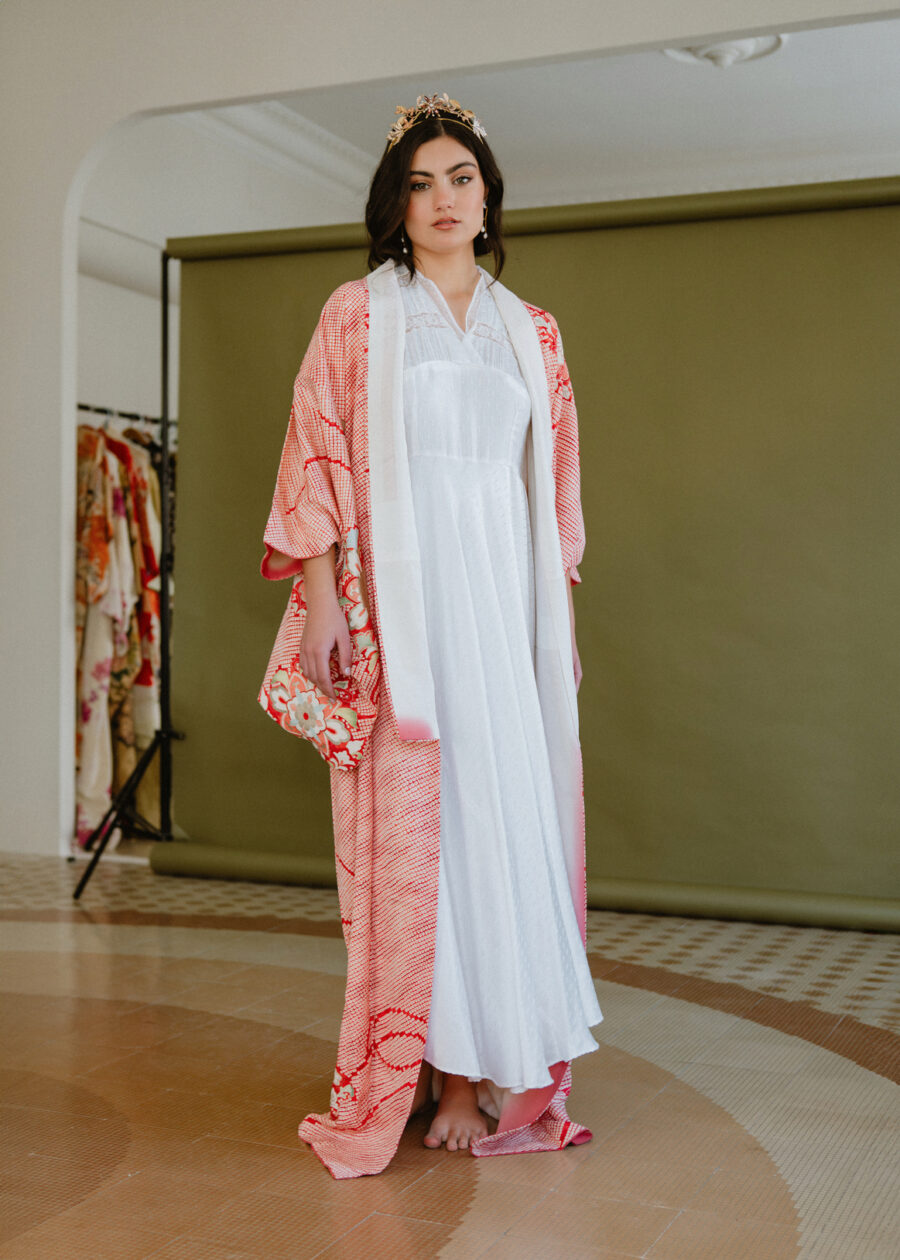 Kimono Japonés Vintage "Hanae" – Micro Shibori con Hilo de Oro - Imagen 9