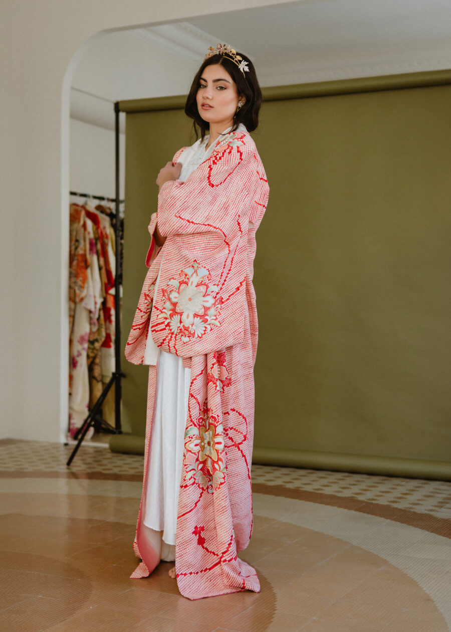 Kimono Japonés Vintage "Hanae" – Micro Shibori con Hilo de Oro - Imagen 2