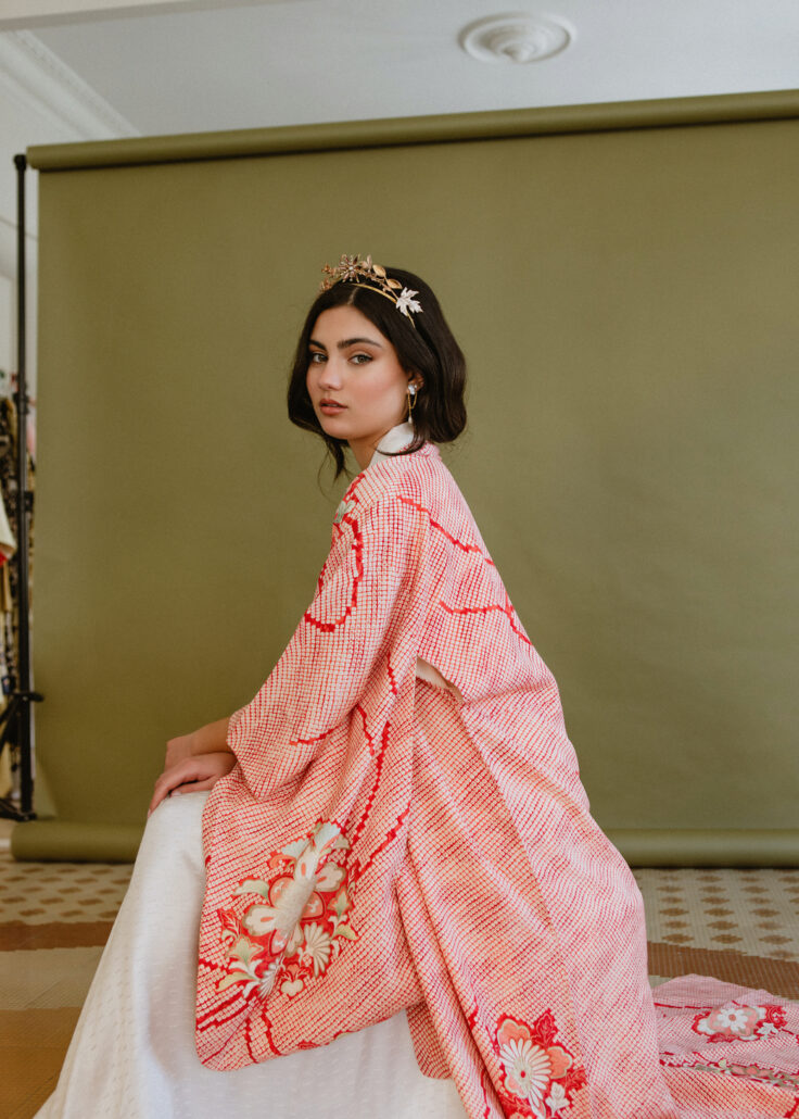 Kimono Japonés Vintage "Hanae" – Micro Shibori con Hilo de Oro
