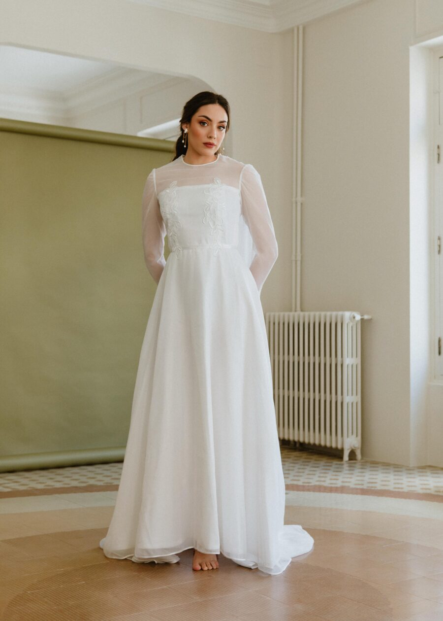 Vestido de Novia Vintage Años 60 "Adela" en Gasa de Poliéster con Bordados Florales - Imagen 5