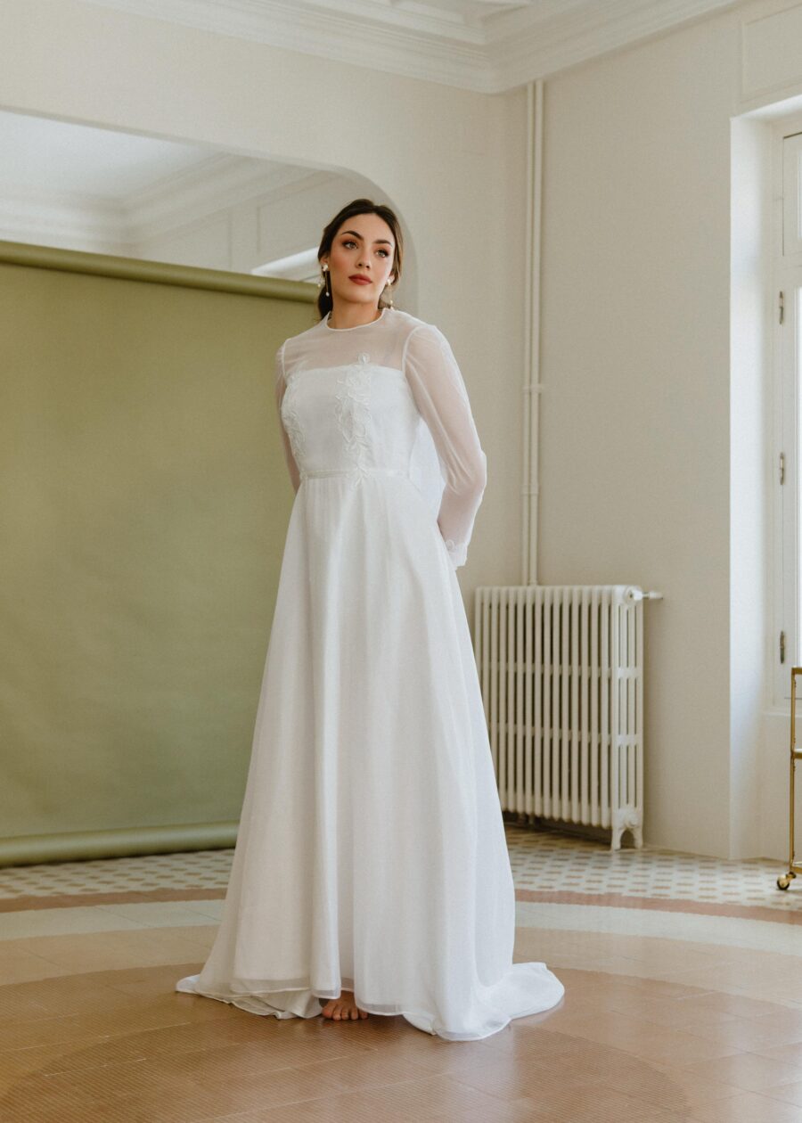 Vestido de Novia Vintage Años 60 "Adela" en Gasa de Poliéster con Bordados Florales - Imagen 3