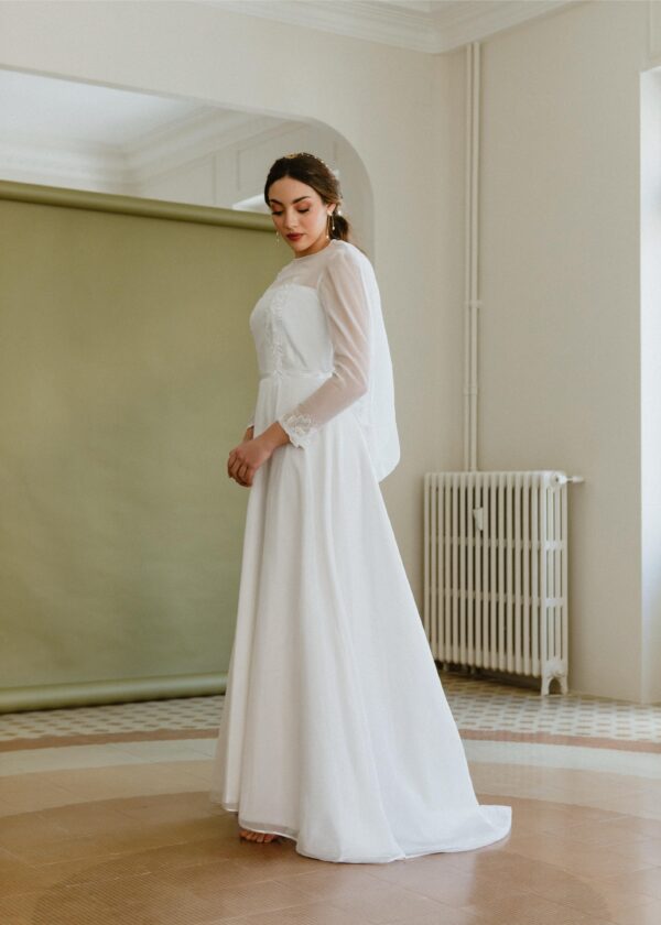 Vestido de Novia Vintage Años 60 en Gasa de Poliéster con Bordados Florales