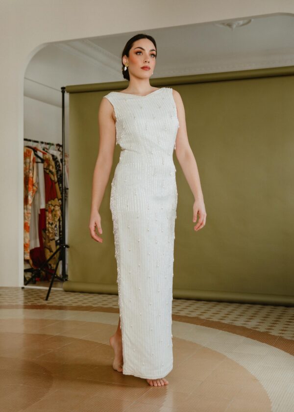 Vestido de Novia Vintage Años 90 con Bordado de Lentejuelas y Perlas