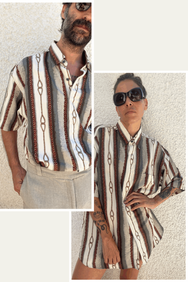Camisa Vintage Unisex Años 80 con Estampado de Cuerdas y Rayas en Poliéster