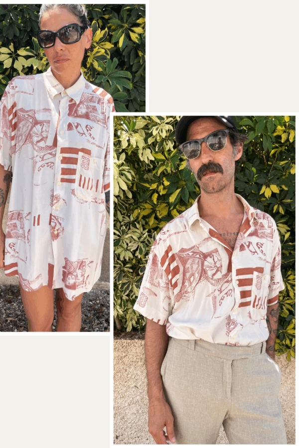 Camisa Unisex Vintage Años 80 con Estampado Étnico en Burdeos y Blanco