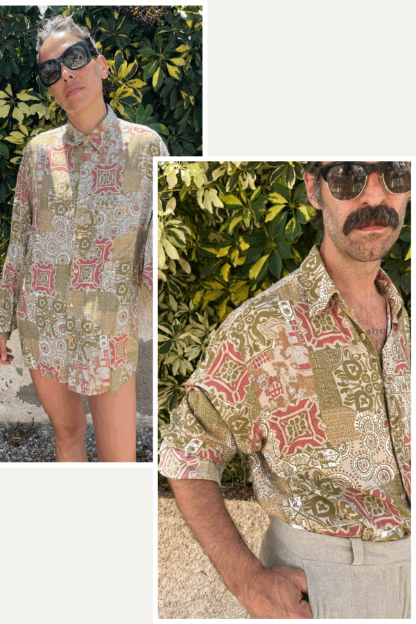Camisa Unisex Vintage Años 80 de Rayón con Estampado Geométrico Verde y Coral