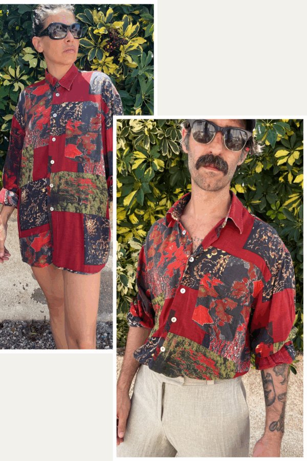 Camisa Vintage unisex Jean Maseric Años 80 con Estampado Abstracto en Rojo y Verde