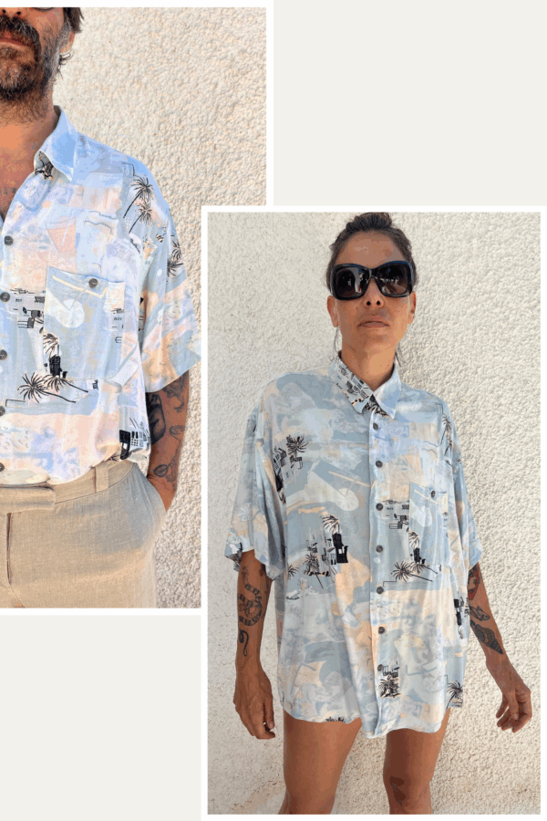 Camisa Vintage Años 80 de Viscosa con Estampado Costero