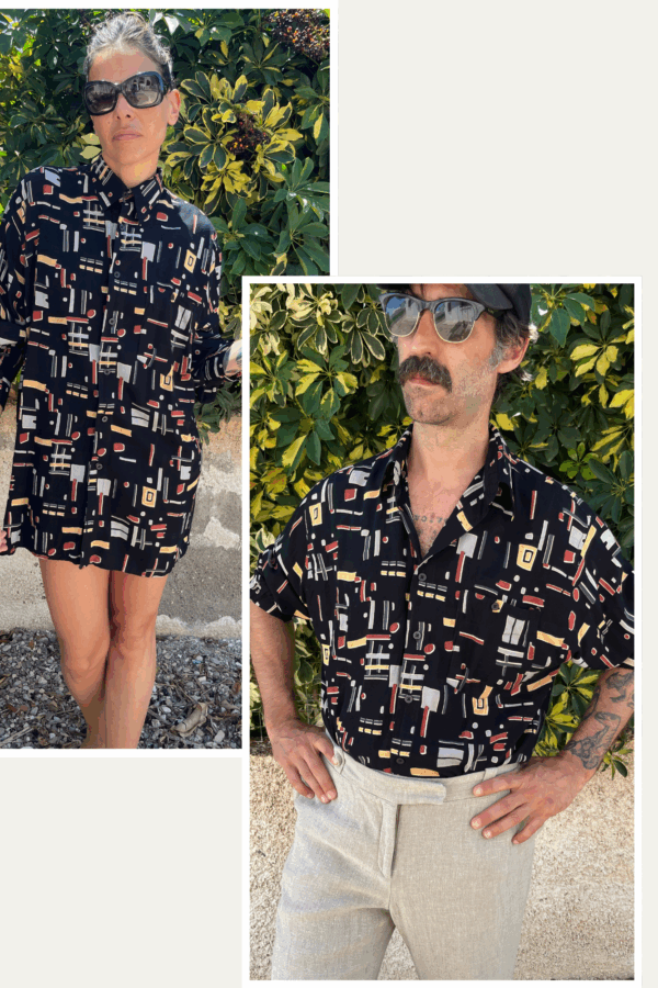 Camisa Vintage Negra Años 80 con Estampado Abstracto Geométrico
