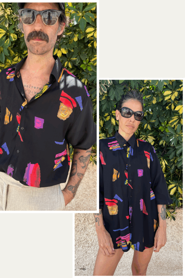 Camisa Vintage Negra Estampada “La Ruta”– Años 80