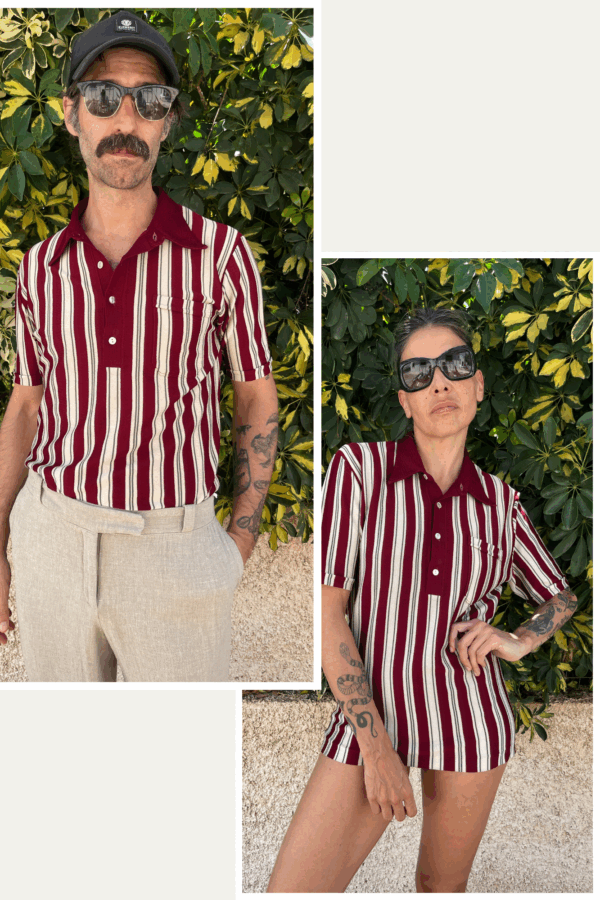 Polo Vintage de Punto a Rayas Granate y Crudo – Años 70 Restaurado