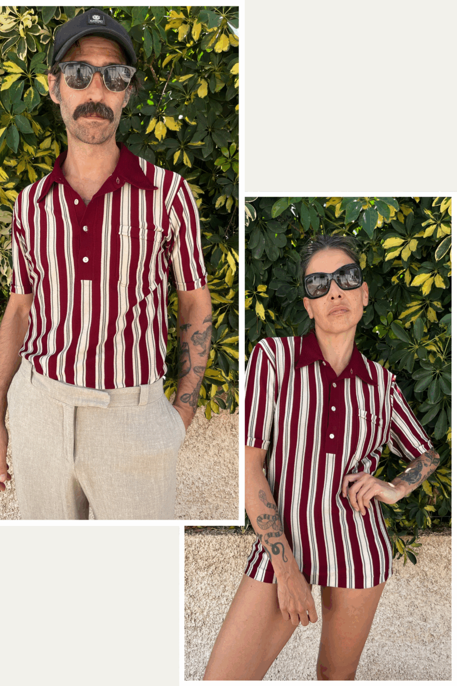 Polo Vintage de Punto a Rayas Granate y Crudo – Años 70 Restaurado
