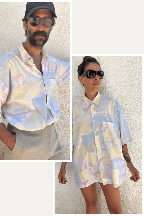 Camisa Vintage de Algodón Años 80 con Estampado Pastel Arquitectónico