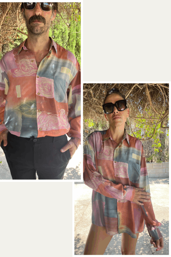 Camisa Vintage Francesa de Viscosa con Estampado Abstracto Floral