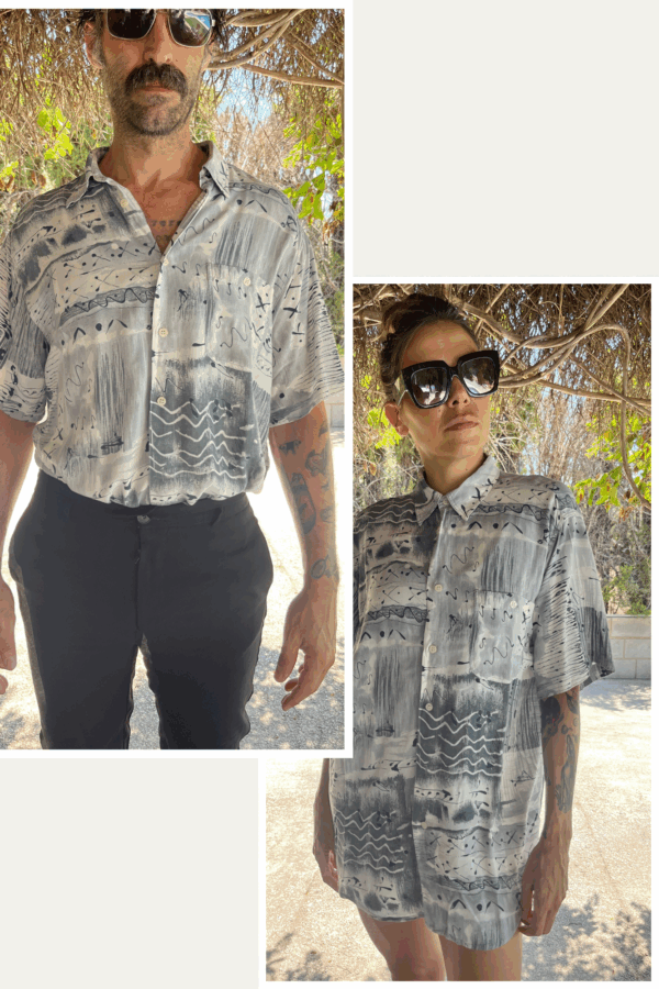 Camisa Vintage Años 80 en Viscosa con Estampado Abstracto Gris y Negro