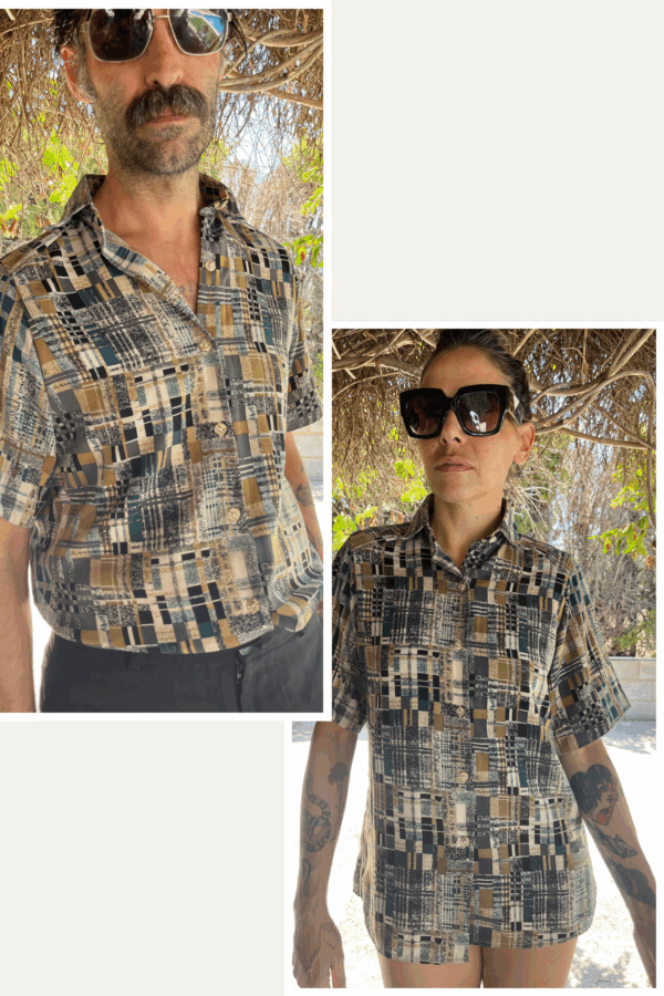 Camisa Vintage Años 80 con Estampado Abstracto en Tonos Tierra