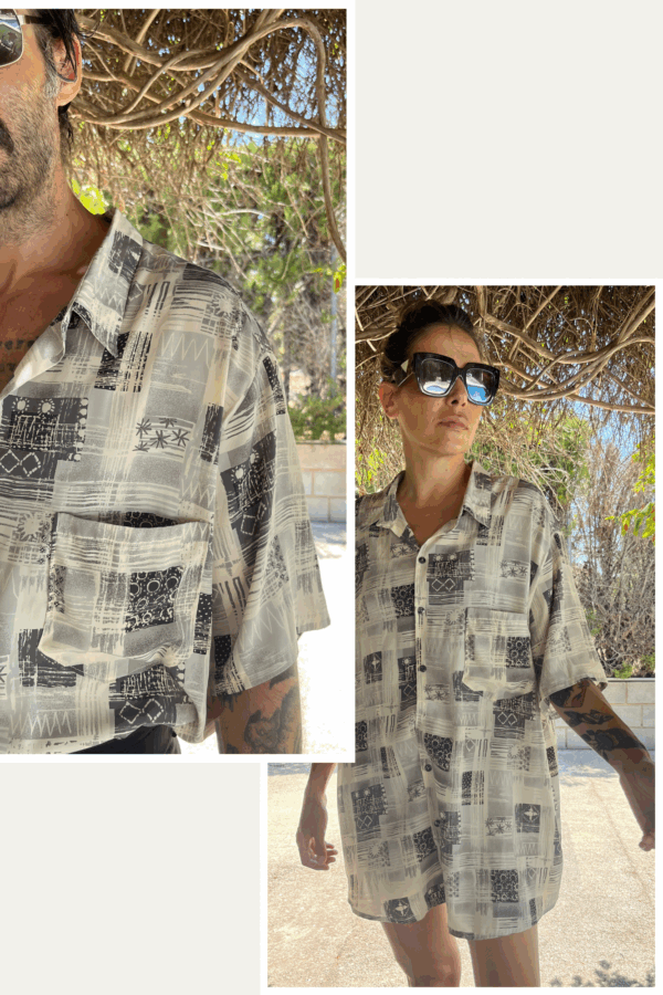 Camisa Vintage Años 80 con Estampado Abstracto en Tonos Grises