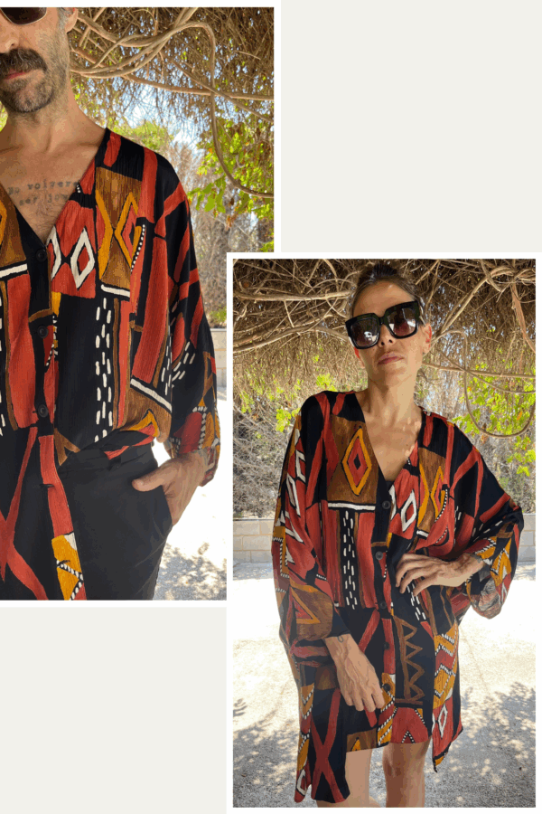 Camisa Oversize Vintage "Cora" con Estampado Étnico en Tonos Tierra