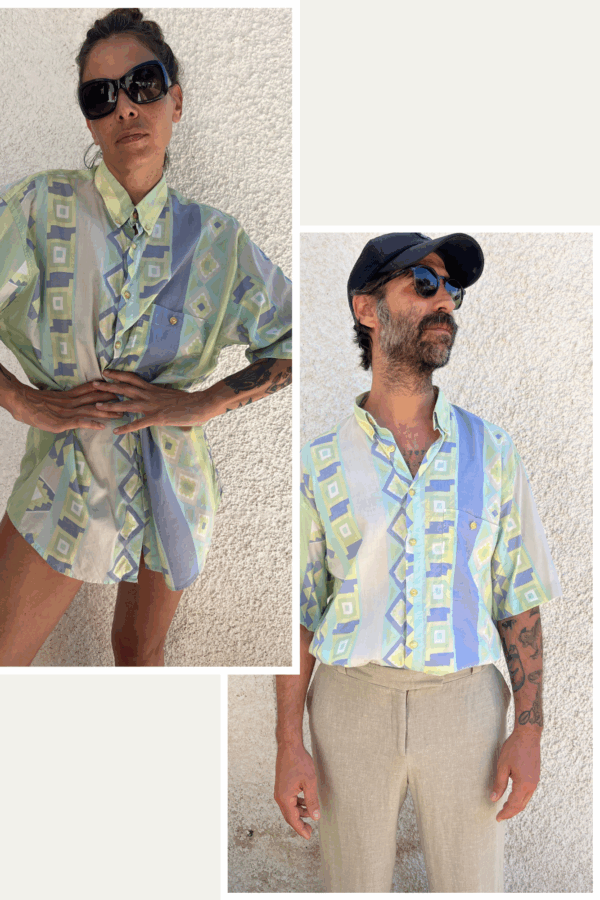 Camisa Vintage Años 80 con Estampado Geométrico Pastel