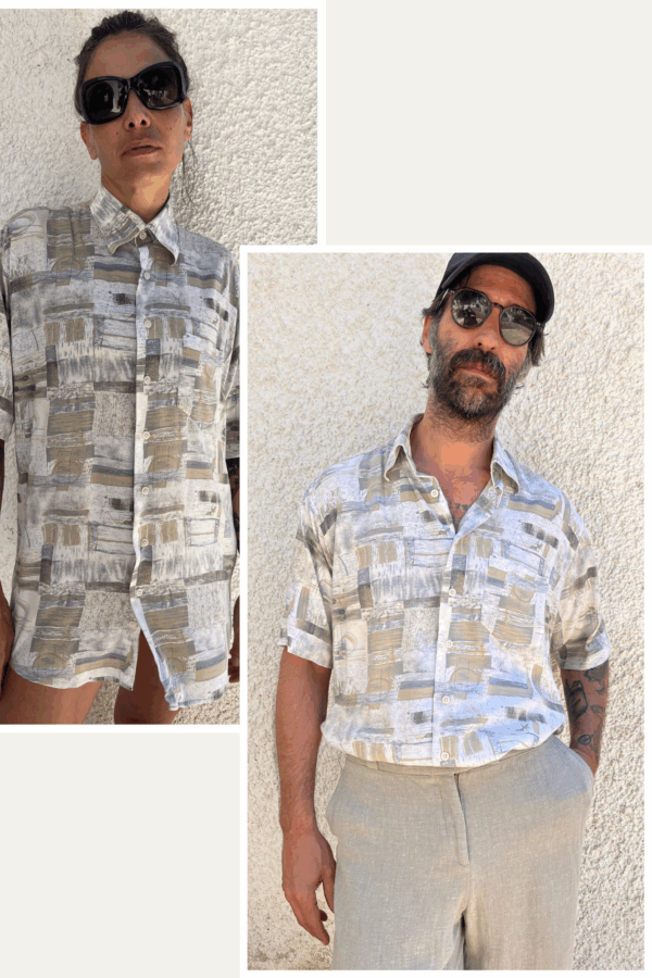 Camisa Vintage Años 80 con Estampado Geométrico en Tonos Tierra