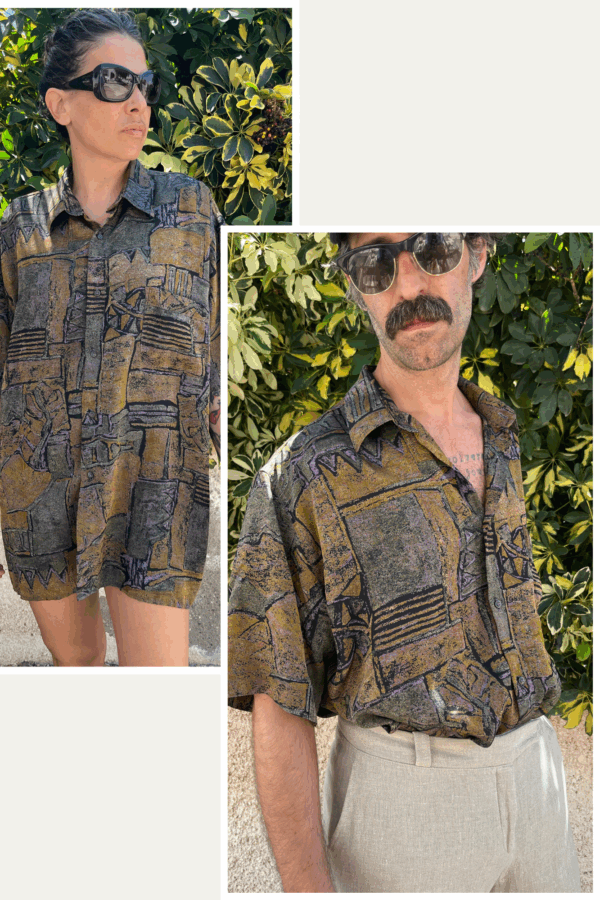 Camisa Vintage Unisex de Seda con Estampado Abstracto – Años 80