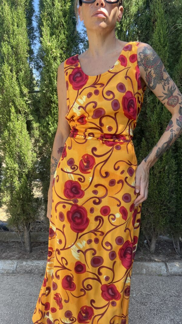 Vestido Vintage Años 90 de Viscosa con Estampado de Rosas Rojas y Lazo Trasero