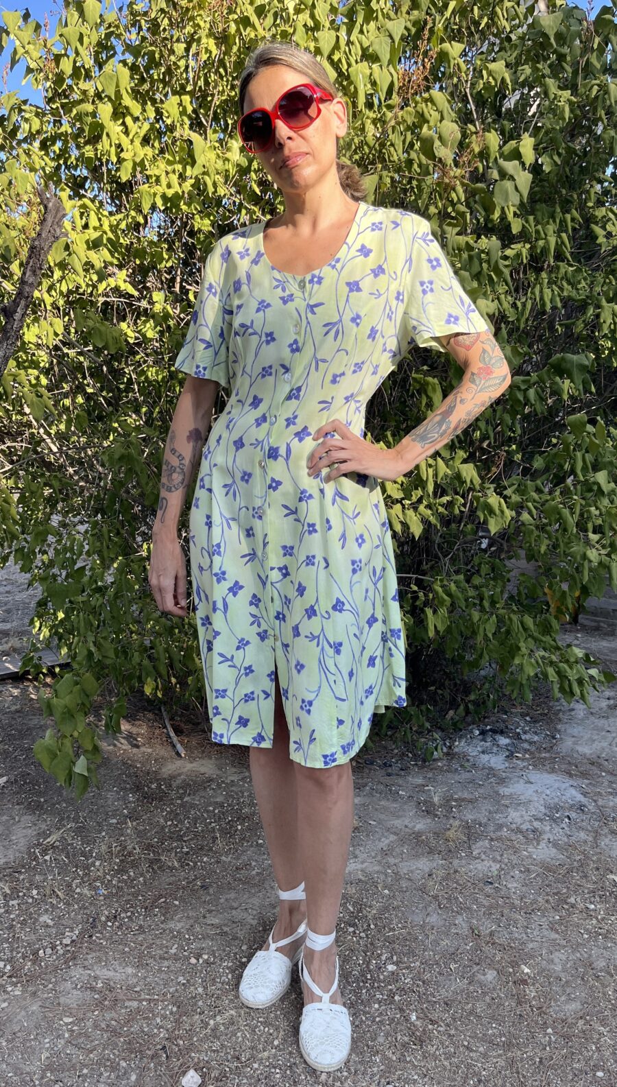 Vestido Vintage de Viscosa Años 90 con Estampado Floral Azul - Imagen 3