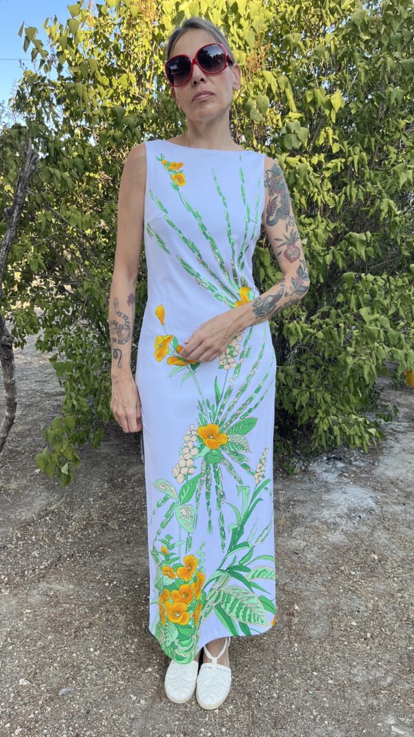 vestido vintage largo años 70, Verena Modelle vintage dress, vestido estampado floral retro, vestido ceñido blanco y flores, vestido auténtico años setenta