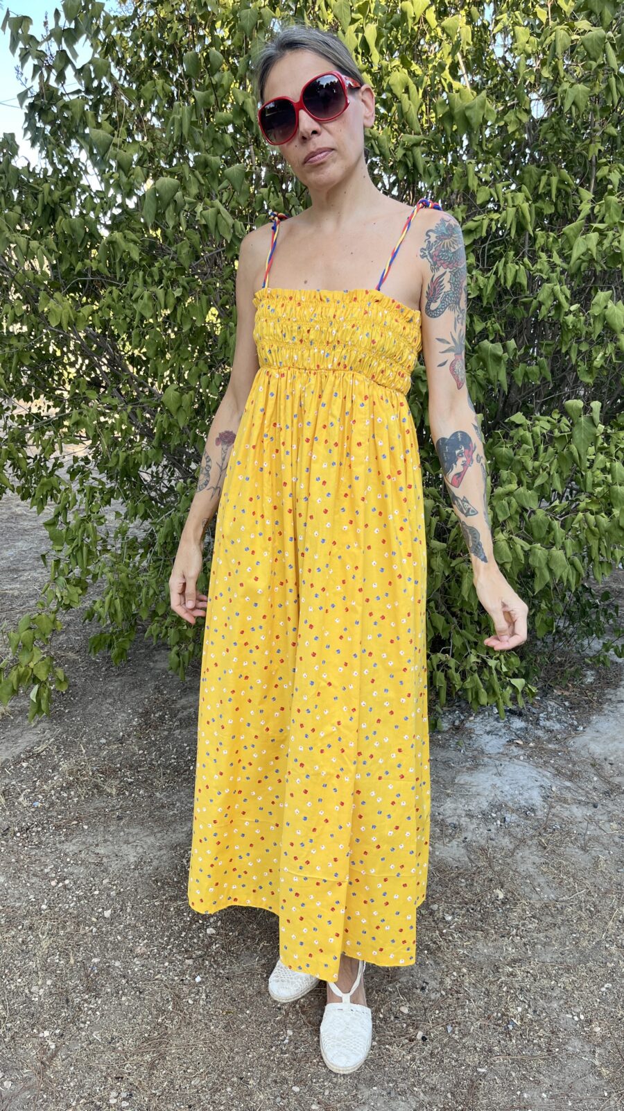 Vestido Largo Amarillo de Algodón con Nido de Abeja Años 70 - Imagen 6