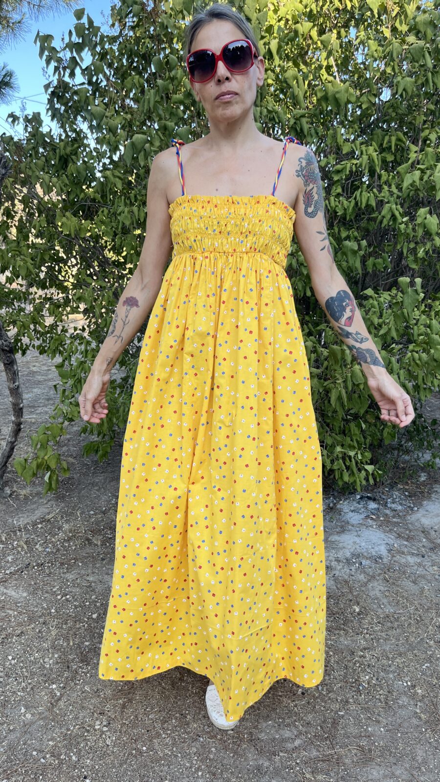 Vestido Largo Amarillo de Algodón con Nido de Abeja Años 70 - Imagen 4