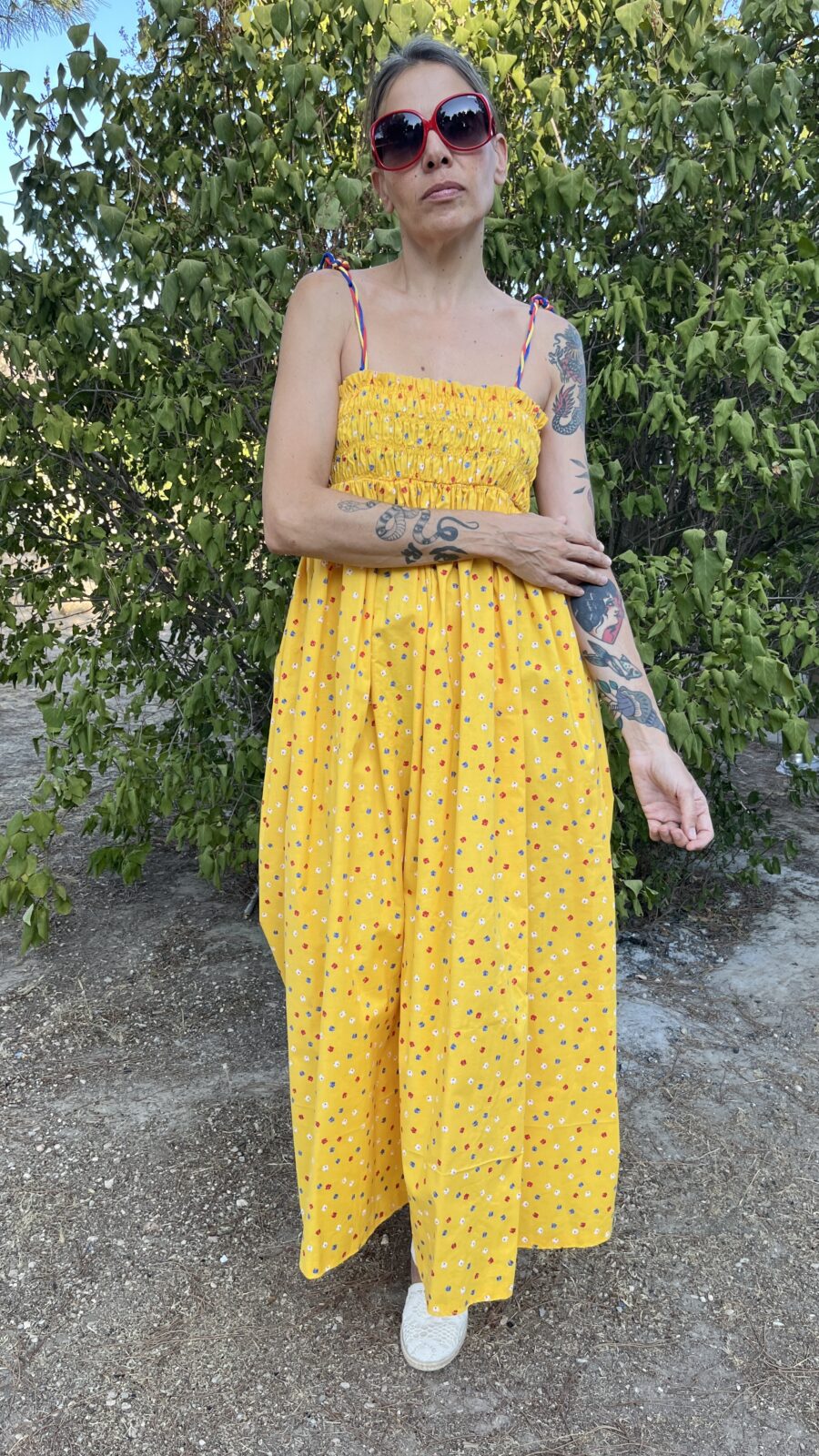 Vestido Largo Amarillo de Algodón con Nido de Abeja Años 70 - Imagen 3