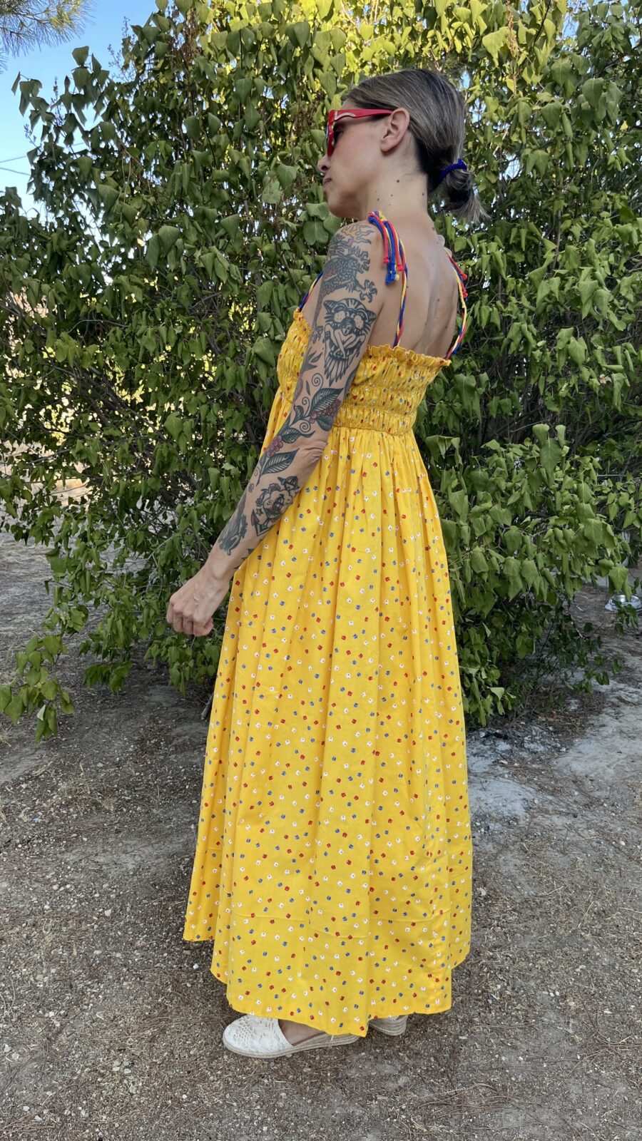 Vestido Largo Amarillo de Algodón con Nido de Abeja Años 70 - Imagen 5