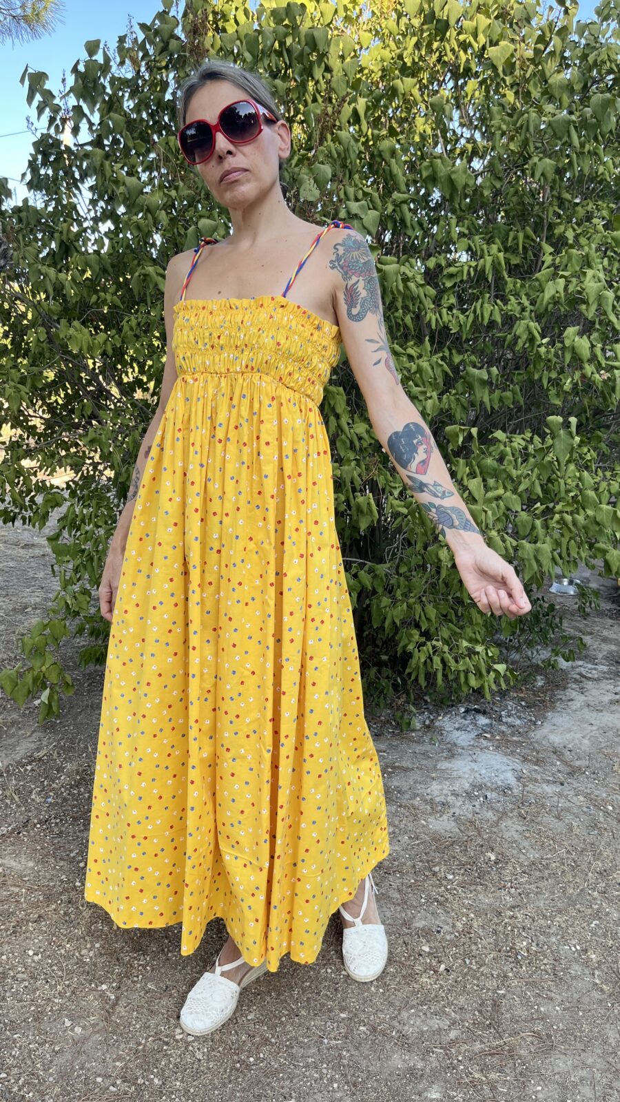 Vestido Largo Amarillo de Algodón con Nido de Abeja Años 70 - Imagen 7