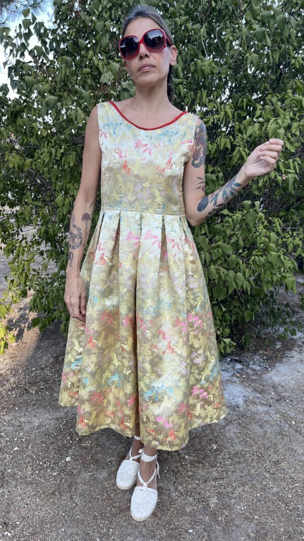 vestido vintage brocado, vestido dorado mariposas, vestido vintage fiesta, vestido años 50 hecho a mano