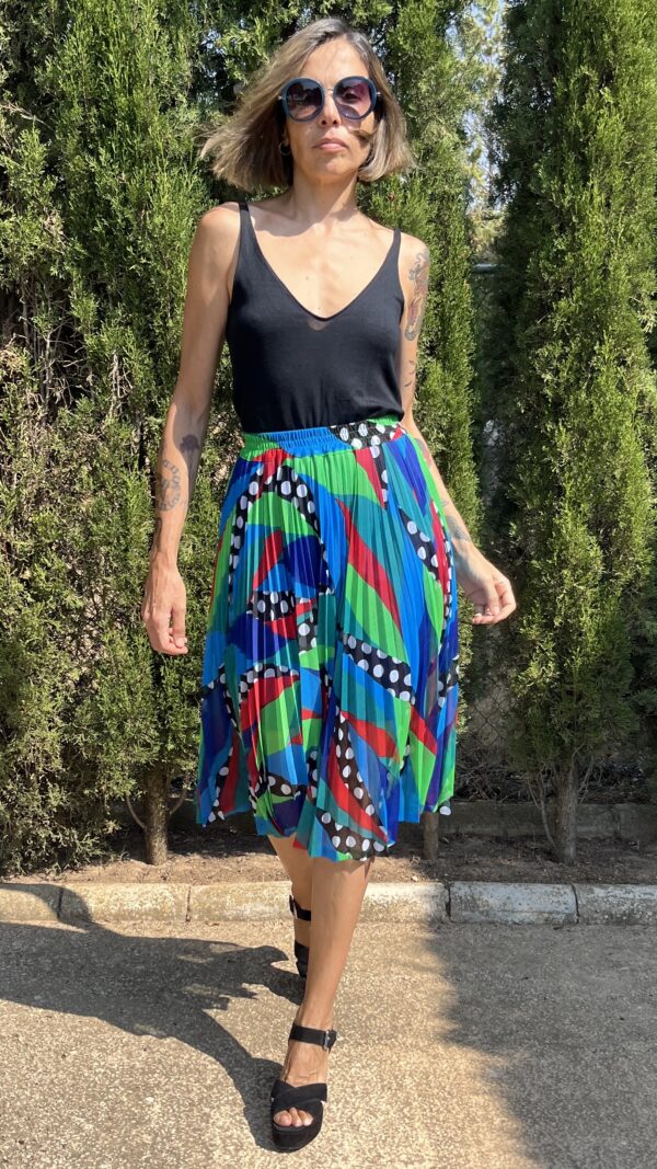Falda Vintage Años 80 Plisada con Estampado Geométrico Multicolor