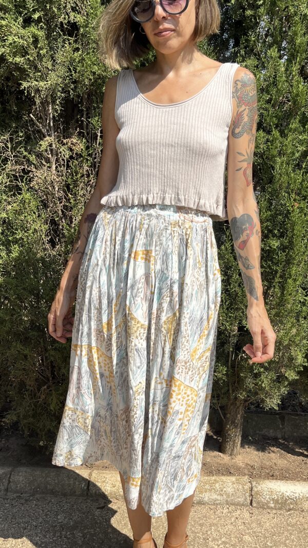 Falda Midi Vintage Años 80 en Viscosa con Estampado de Fauna Africana