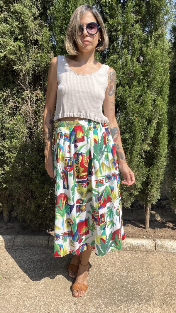 Falda Vintage Años 80 con Estampado Tropical y Forro Interior
