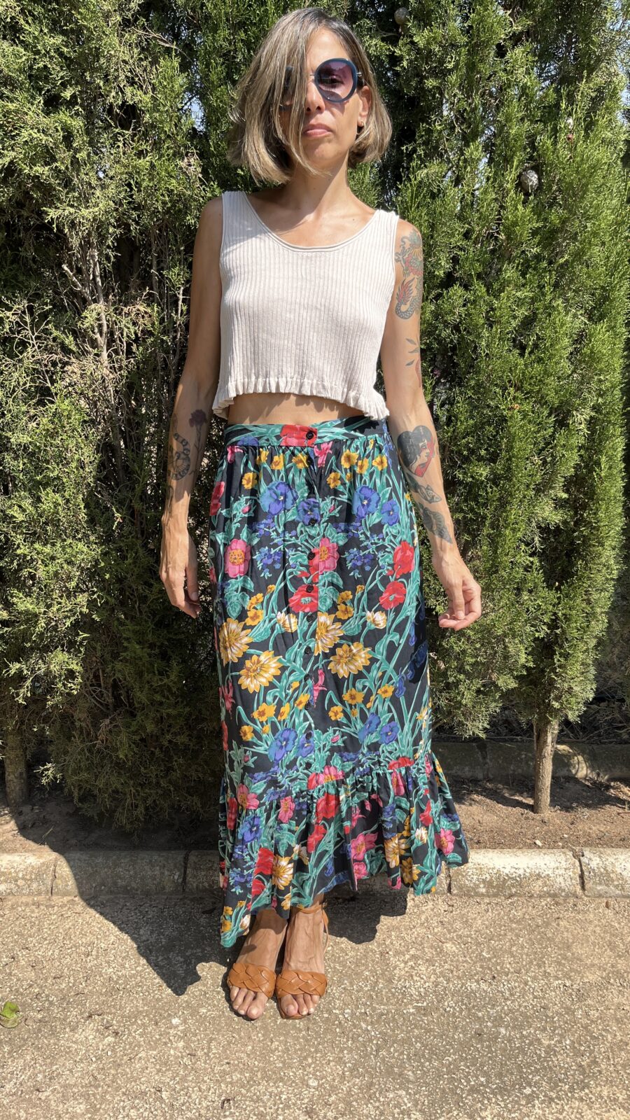 Falda Vintage Años 80 con Estampado Floral y Volante