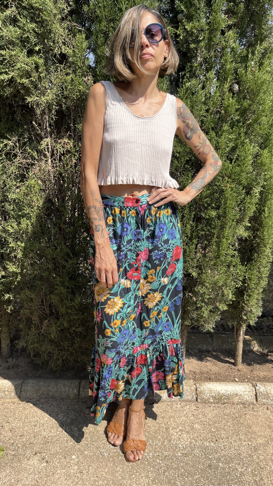 Falda Vintage Años 80 con Estampado Floral y Volante - Imagen 2