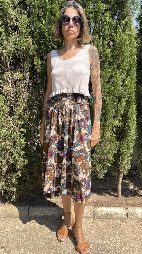 Falda Pantalón Años 80 en Algodón y Viscosa con Estampado Floral Abstracto