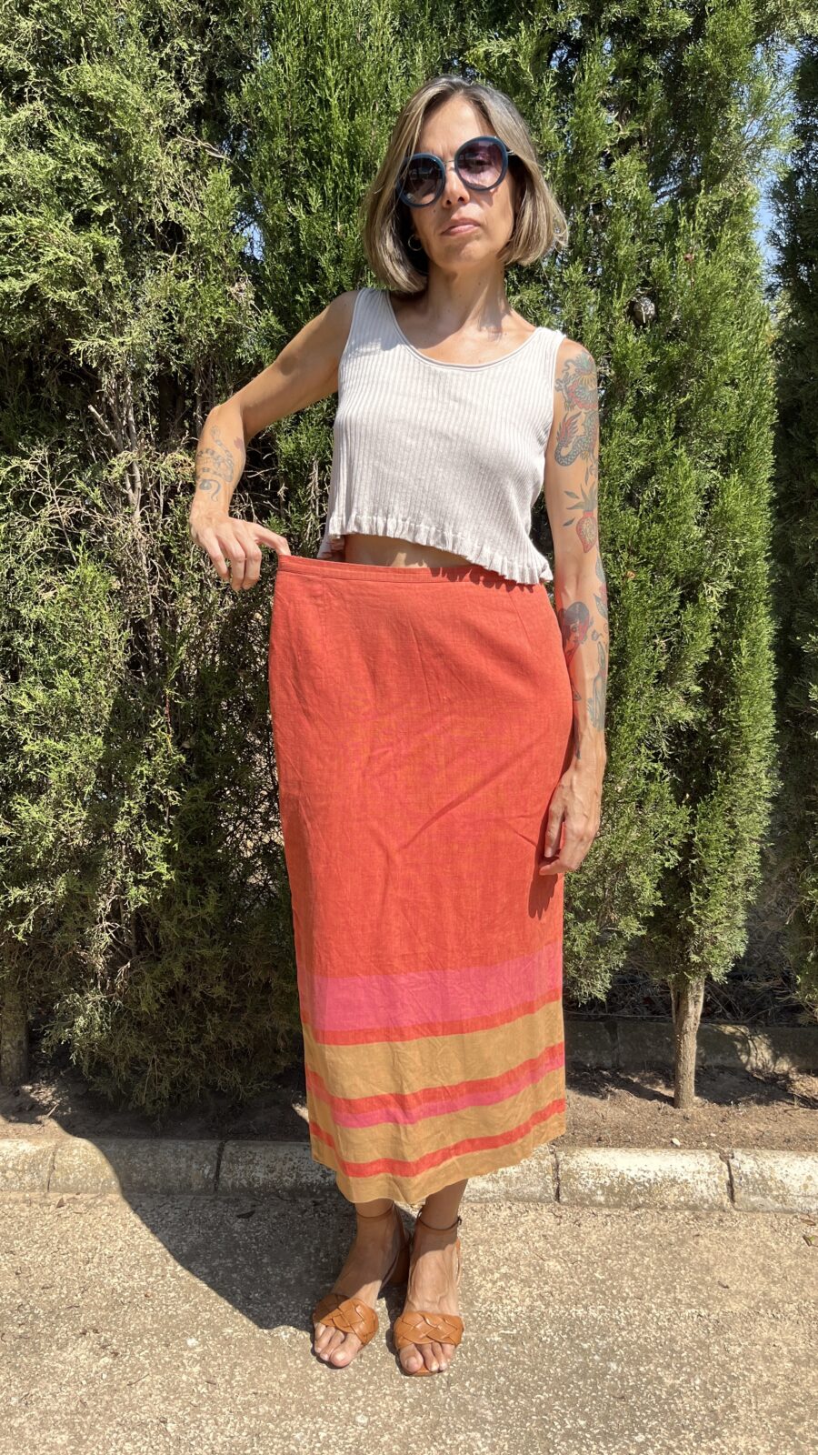 Falda Midi de Lino con Rayas en Tonos Cálidos – Fabricada en España, Años 80 - Imagen 3
